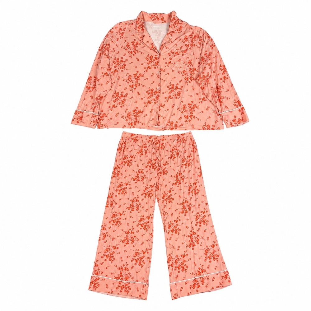 Lands End Pink Floral Pajama Set 2X 20W-22W Long Sleeve Pants 2 Piece